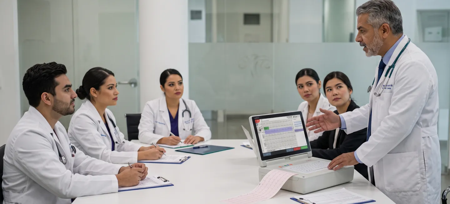 Médico explicando un electrocardiógrafo a un equipo de profesionales de la salud